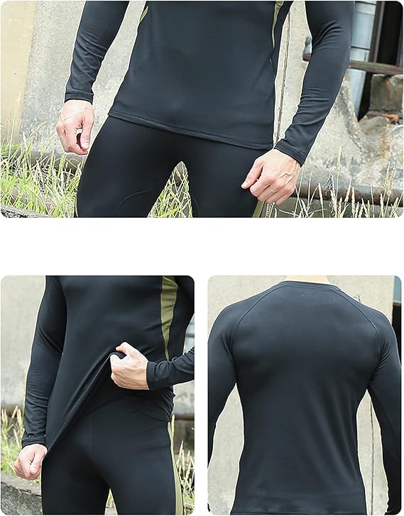 L Size Black Men's Tactical 4-Way Stretch Fleece Lined Thermal Underwear Set - Winter Sweat-Wicking & Breathable Sportswear for Training & Outdoors - Image 3