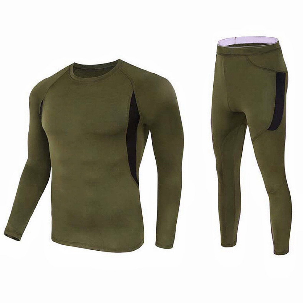 L Size Green Men's Tactical 4-Way Stretch Fleece Lined Thermal Underwear Set - Winter Sweat-Wicking & Breathable Sportswear for Training & Outdoors - Image 1