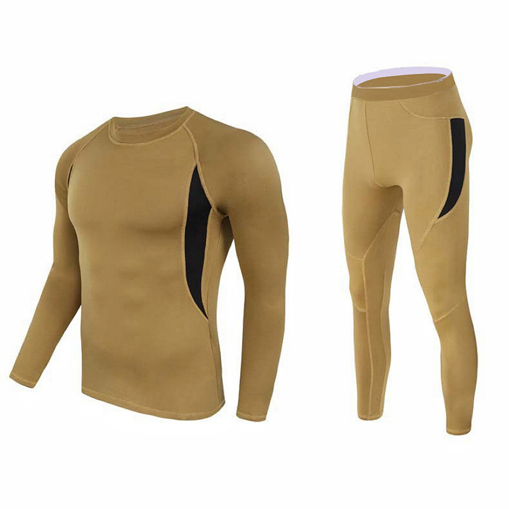 L Size Khaki Men's Tactical 4-Way Stretch Fleece Lined Thermal Underwear Set - Winter Sweat-Wicking & Breathable Sportswear for Training & Outdoors - Image 1