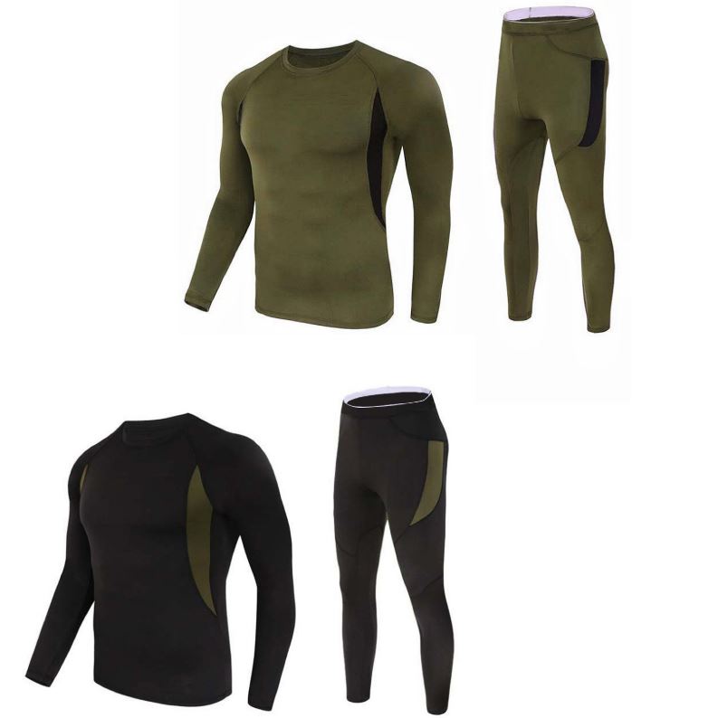 2-Pack M Size Men's Tactical 4-Way Stretch Fleece Lined Thermal Underwear Set(Black + Green) - Winter Sweat-Wicking & Breathable Sportswear for Training & Outdoors - Image 1