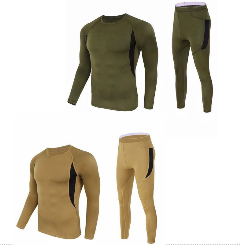 2-Pack L Size Men's Tactical 4-Way Stretch Fleece Lined Thermal Underwear Set(Khaki + Green) - Winter Sweat-Wicking & Breathable Sportswear for Training & Outdoors - Image 1