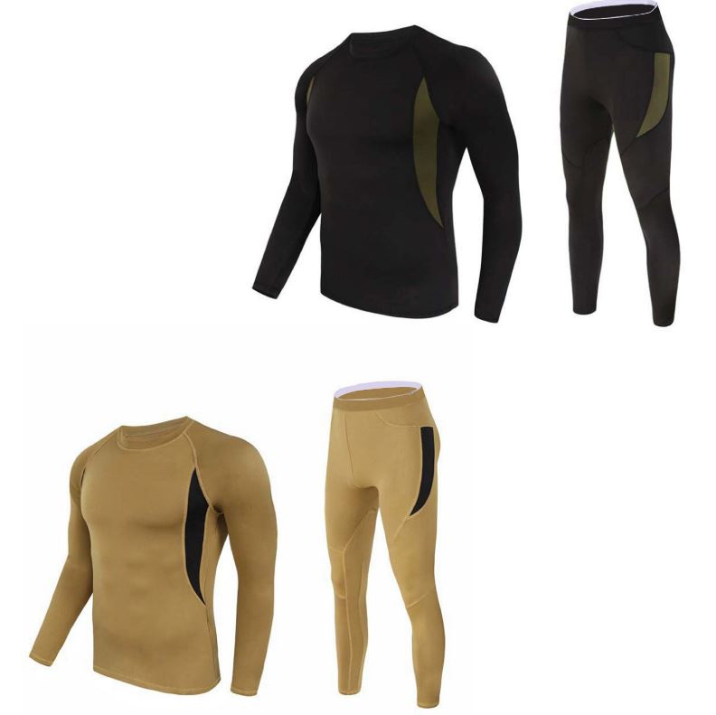 2-Pack L Size Men's Tactical 4-Way Stretch Fleece Lined Thermal Underwear Set(Black + Khaki) - Winter Sweat-Wicking & Breathable Sportswear for Training & Outdoors - Image 1