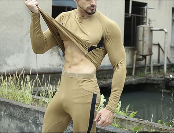2-Pack XXL Size Men's Tactical 4-Way Stretch Fleece Lined Thermal Underwear Set(Black + Khaki) - Winter Sweat-Wicking & Breathable Sportswear for Training & Outdoors - Image 2