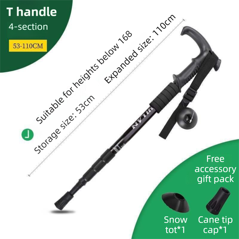 53-110 CM Black Ultralight Telescopic Aluminum Trekking Pole (4-Section T-Handle) - Professional & Compact Shock-Absorbing Trail Support - Image 1