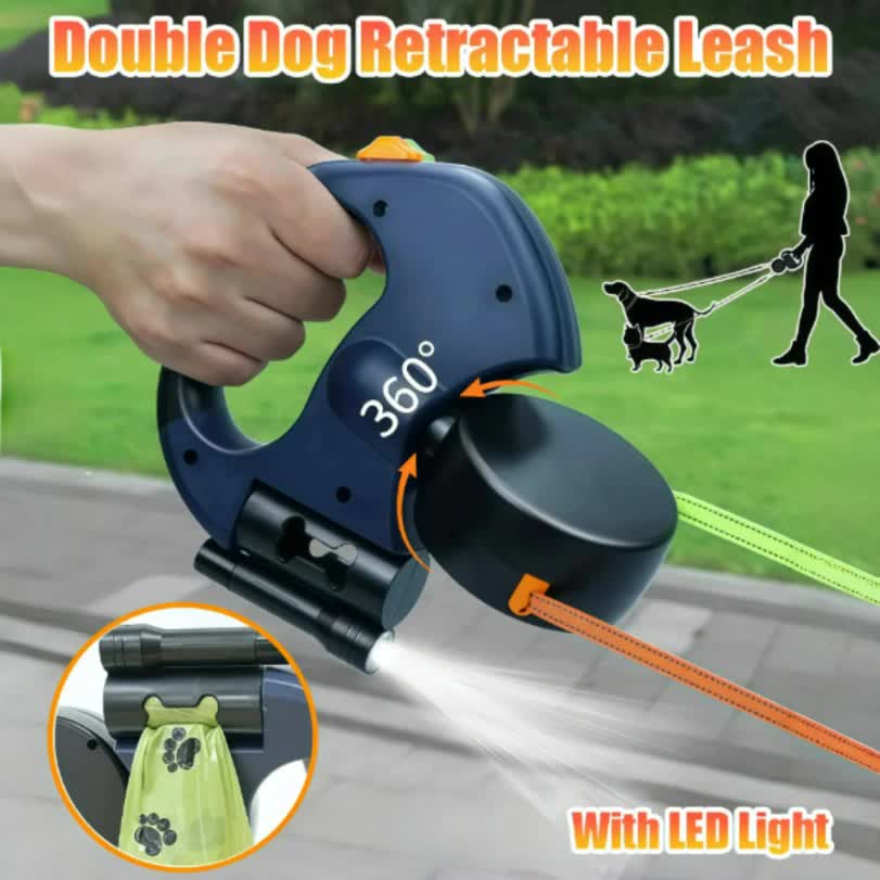 Black and Grey One-to-Two Retractable Dog Leash with One-Click Safety Lock & Night Light - 3M Tangle-Free 360° Rotation Walking Leash - Image 2
