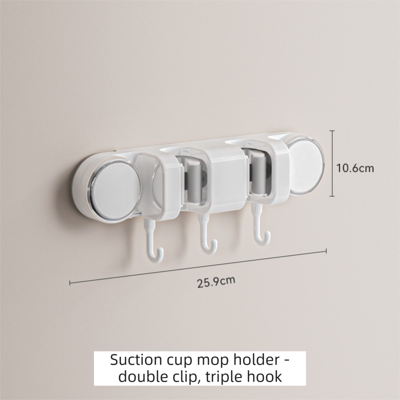 White Vacuum Suction Cup Mop & Broom Holder with 2 Roller Clips + 3 Hooks - Heavy Duty Waterproof Rack for Bathroom & Kitchen - Image 1