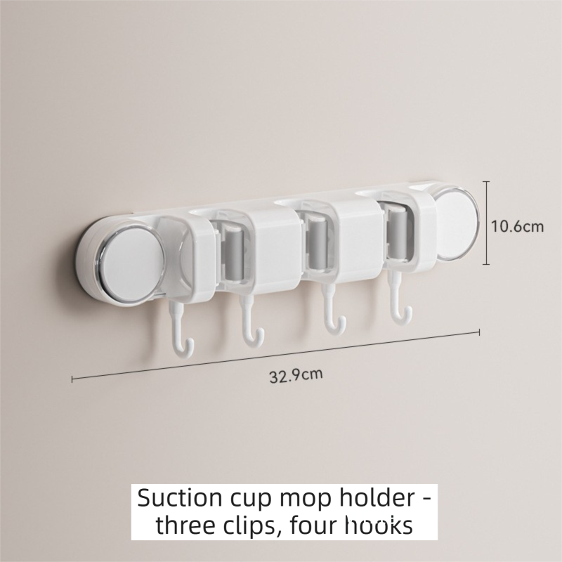 White Vacuum Suction Cup Mop & Broom Holder with 3 Roller Clips + 4 Hooks - Heavy Duty Waterproof Rack for Bathroom & Kitchen - Image 1