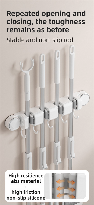 White Vacuum Suction Cup Mop & Broom Holder with 3 Roller Clips + 4 Hooks - Heavy Duty Waterproof Rack for Bathroom & Kitchen - Image 3