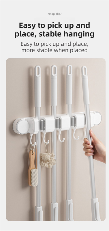 White Vacuum Suction Cup Mop & Broom Holder with 3 Roller Clips + 4 Hooks - Heavy Duty Waterproof Rack for Bathroom & Kitchen - Image 4