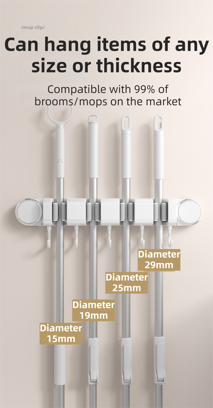 White Vacuum Suction Cup Mop & Broom Holder with 3 Roller Clips + 4 Hooks - Heavy Duty Waterproof Rack for Bathroom & Kitchen - Image 5