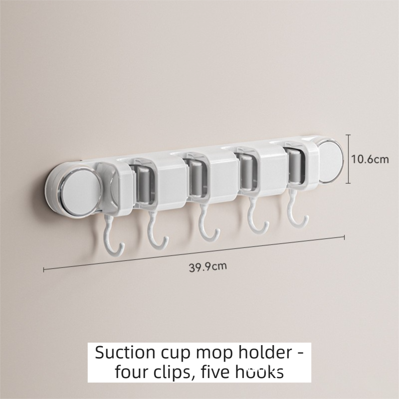 White Vacuum Suction Cup Mop & Broom Holder with 4 Roller Clips + 5 Hooks - Heavy Duty Waterproof Rack for Bathroom & Kitchen - Image 1