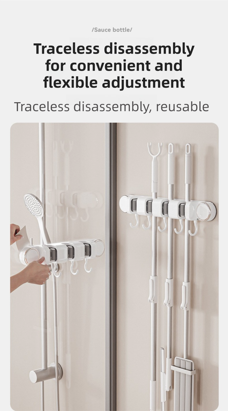 White Vacuum Suction Cup Mop & Broom Holder with 4 Roller Clips + 5 Hooks - Heavy Duty Waterproof Rack for Bathroom & Kitchen - Image 2
