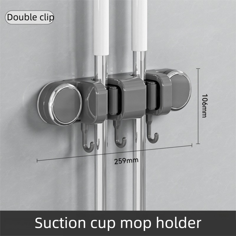 Grey Vacuum Suction Cup Mop & Broom Holder with 2 Roller Clips + 3 Hooks - Heavy Duty Waterproof Rack for Bathroom & Kitchen - Image 1