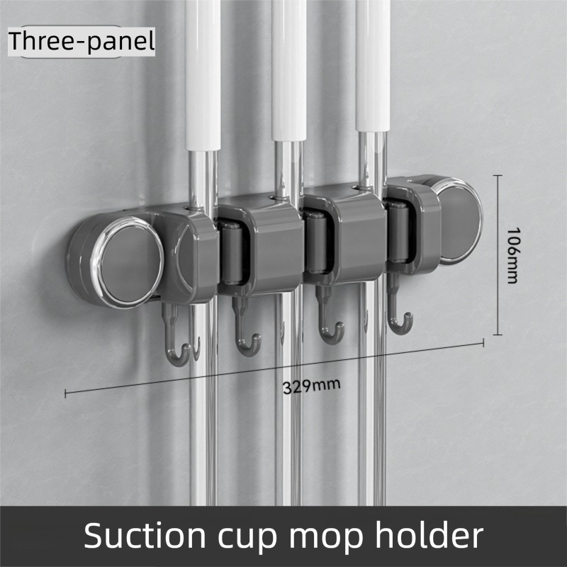 Grey Vacuum Suction Cup Mop & Broom Holder with 3 Roller Clips + 4 Hooks - Heavy Duty Waterproof Rack for Bathroom & Kitchen - Image 1