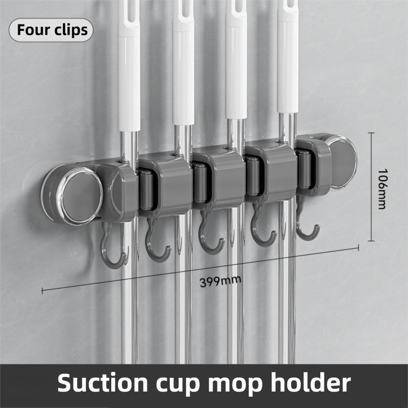 Grey Vacuum Suction Cup Mop & Broom Holder with 4 Roller Clips + 5 Hooks - Heavy Duty Waterproof Rack for Bathroom & Kitchen - Image 1