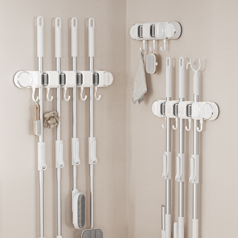 White Vacuum Suction Cup Mop & Broom Storage Rack Combination(3-Size: 2 Clips + 3 Clips + 4 Clips) - Heavy Duty Waterproof Rack for Bathroom & Kitchen - Image 1