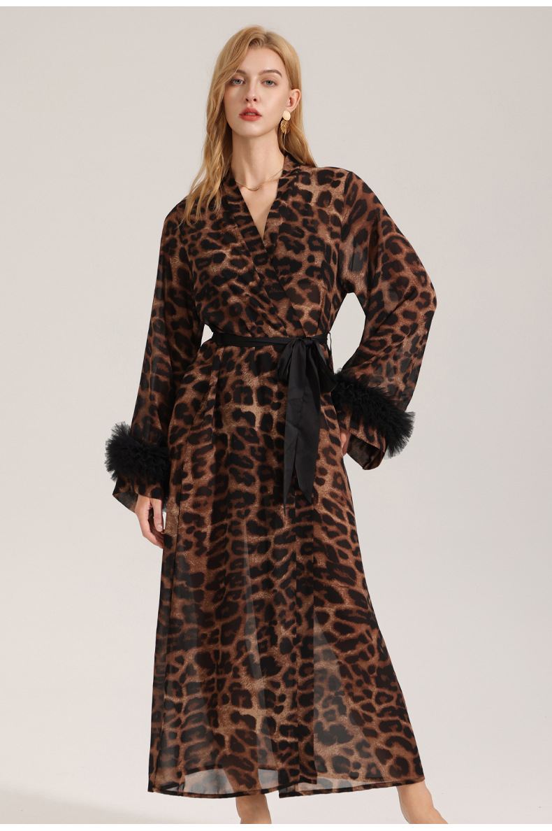 Women's Sexy Leopard Long Sleeve Print Satin Robe - Breathable Luxury Satin Chiffon Housecoat & Long Elegant Morning Gown - Image 1