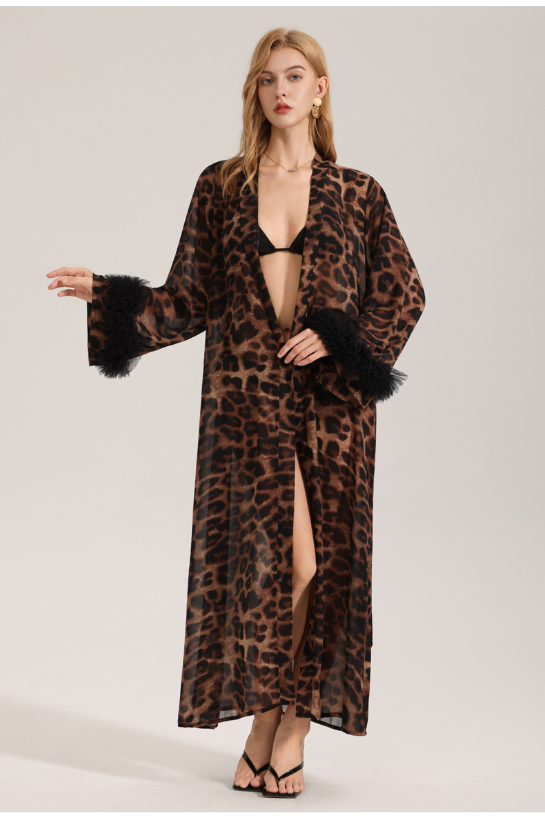 Women's Sexy Leopard Long Sleeve Print Satin Robe - Breathable Luxury Satin Chiffon Housecoat & Long Elegant Morning Gown - Image 2