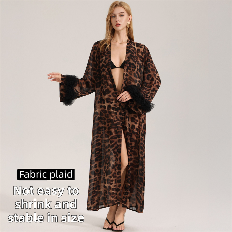 Women's Sexy Leopard Long Sleeve Print Satin Robe - Breathable Luxury Satin Chiffon Housecoat & Long Elegant Morning Gown - Image 5
