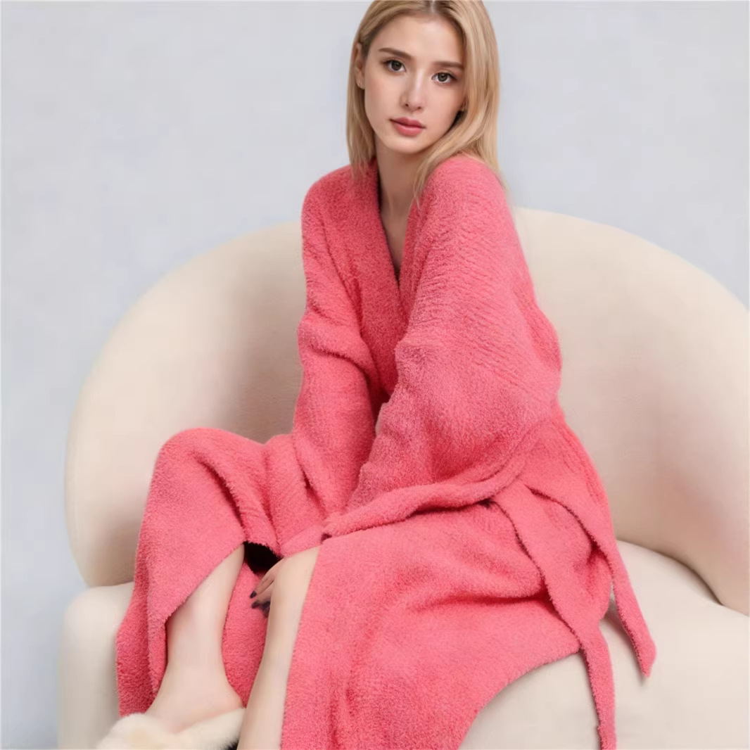 Rose Red Women's Ultra-Soft Plush V-Neck Cardigan Robe - Extra Thick Half-Velvet Warm Housecoat & Outdoor Wearable Sleepwear - Image 2