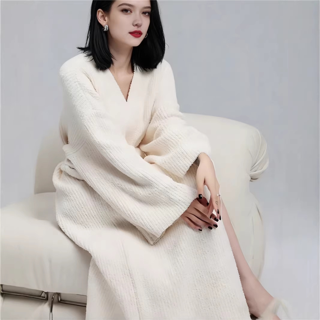 Blue Women's Ultra-Soft Plush V-Neck Cardigan Robe - Extra Thick Half-Velvet Warm Housecoat & Outdoor Wearable Sleepwear - Image 4