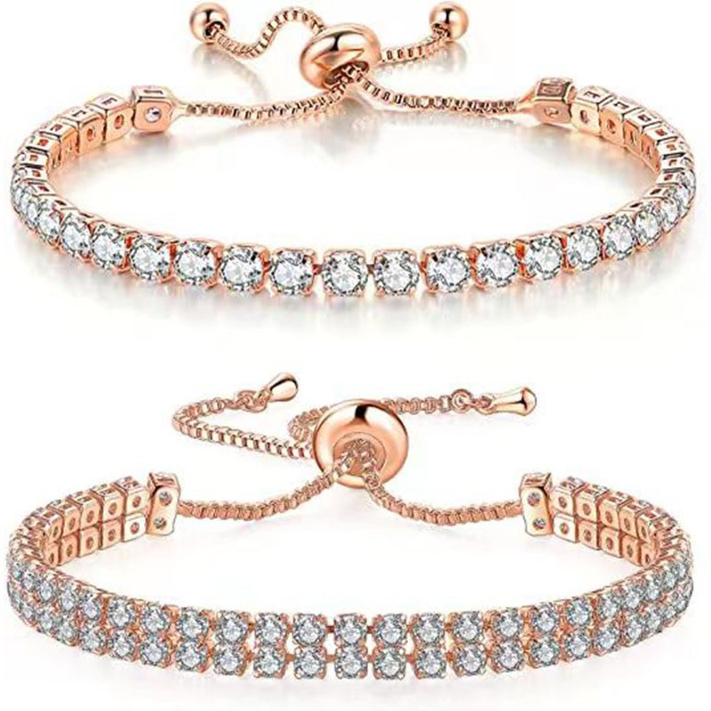 Rose Gold High-Sparkle Cubic Zirconia Iced-Out Tennis Bracelet of Single Row & Double Row (5.7
