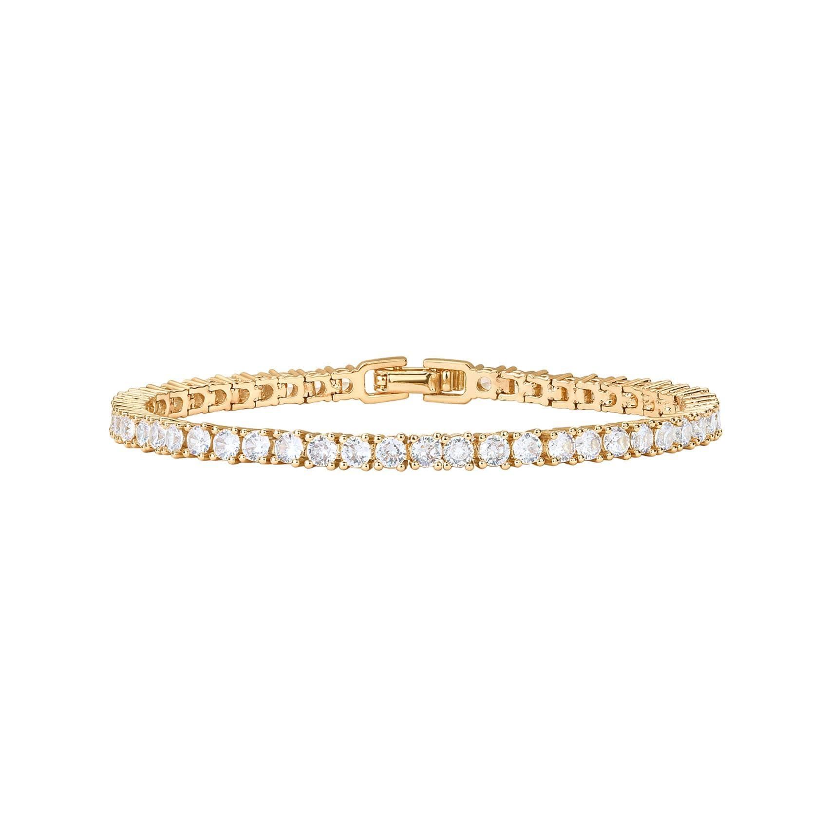 Gold 4.0mm Iced-Out Zirconia Tennis Bracelet with Secure Clasp - Classic Luxury Rhinestone Tennis Chain for Men & Women (7 Inches) - Image 1