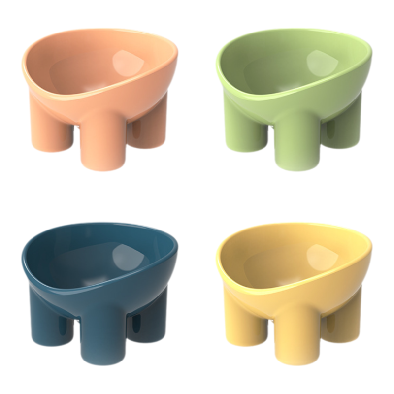 4-Pack Macaron Color Elevated Pet Bowls with Anti-Tip 4-Leg Base - Ergonomic Tilted Neck Protection Cat Food & Water Bowls(Green + Pink + Yellow + Blue) - Image 1