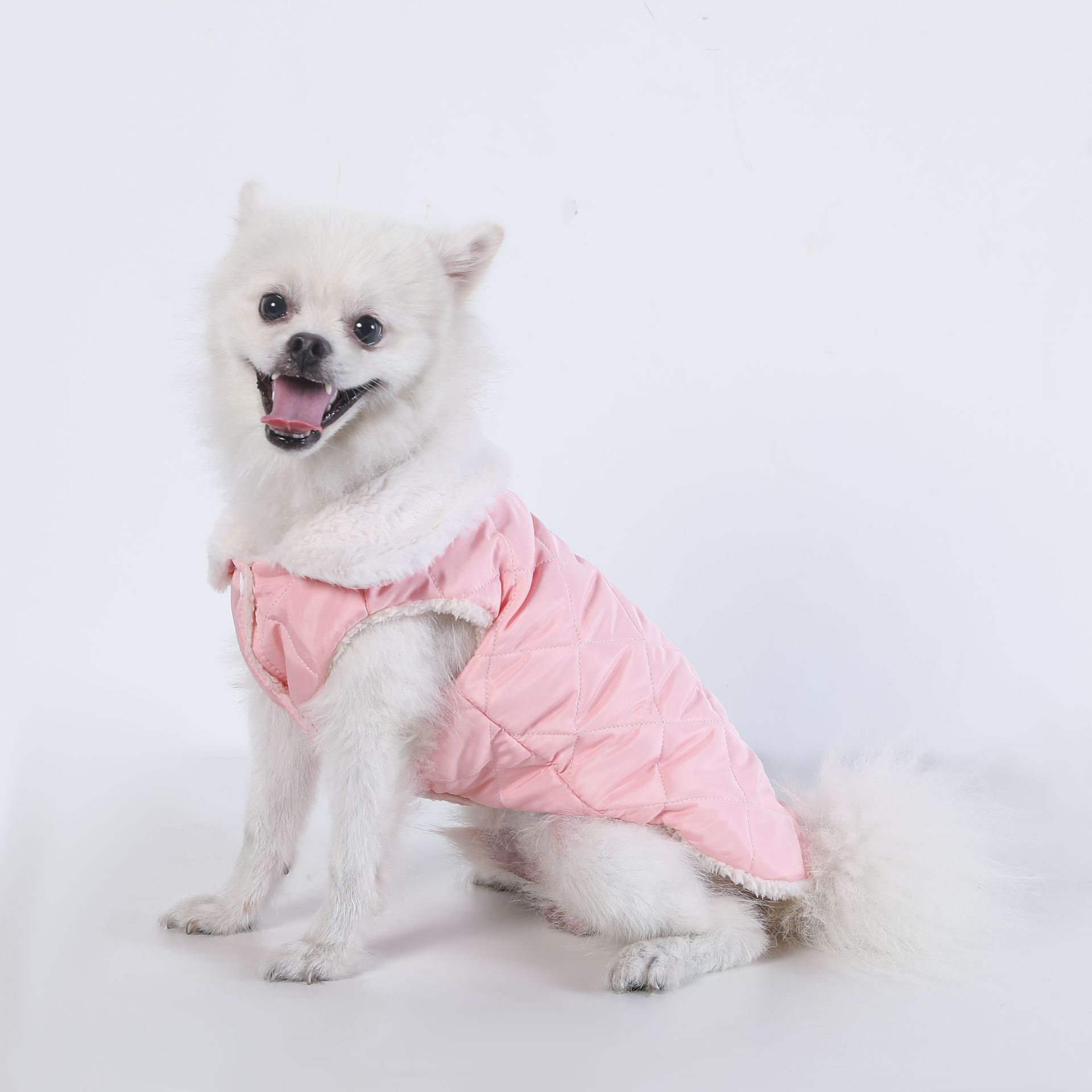 M Size Pink Winter Padded Cotton Dog Thermal Plaid Vest with Faux Fur Collar - Thick Fleece-Lined Warm Pet Jacket - Image 1