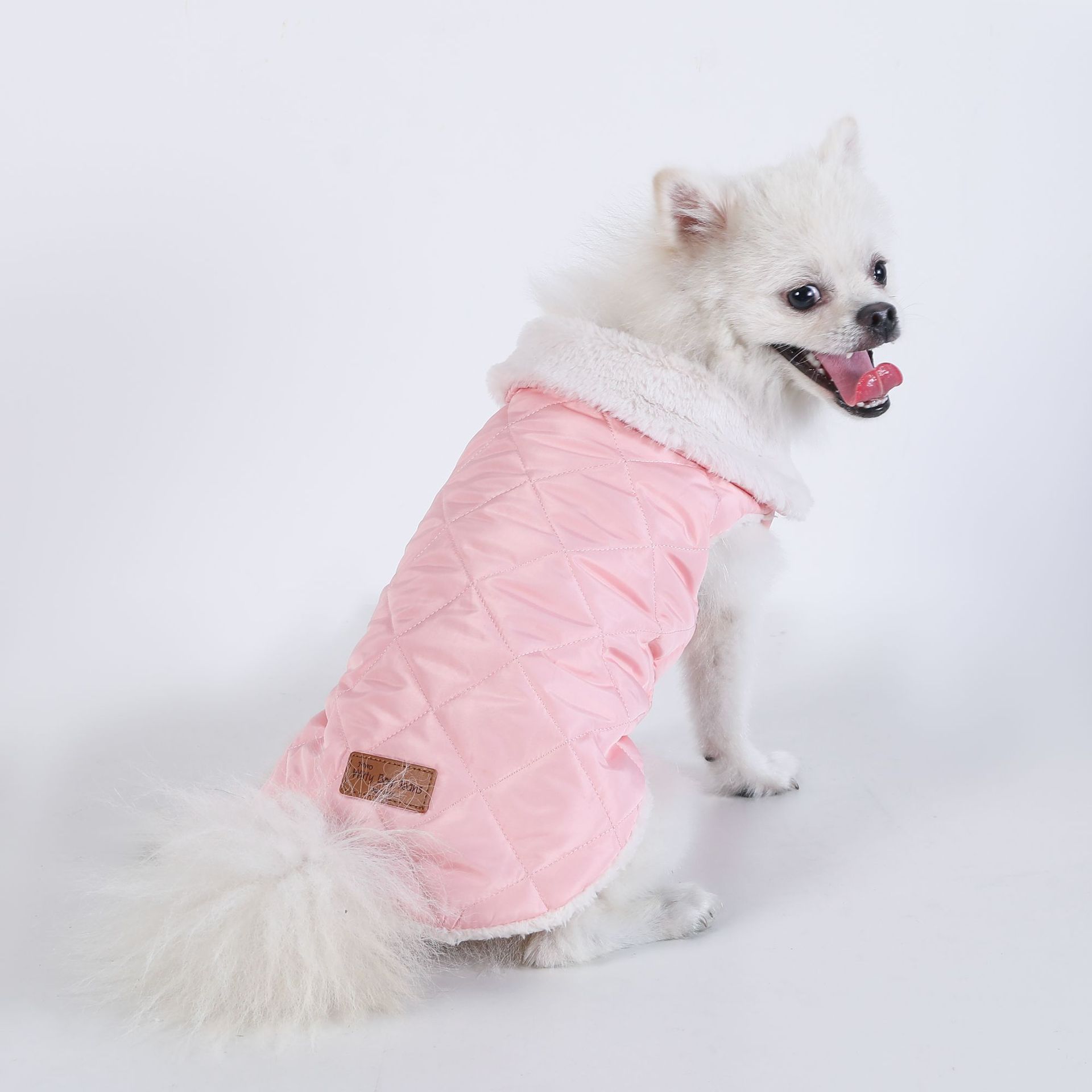 L Size Pink Winter Padded Cotton Dog Thermal Plaid Vest with Faux Fur Collar - Thick Fleece-Lined Warm Pet Jacket - Image 2