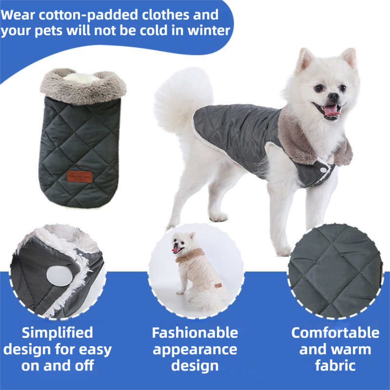 M Size Grey Winter Padded Cotton Dog Thermal Plaid Vest with Faux Fur Collar - Thick Fleece-Lined Warm Pet Jacket - Image 3