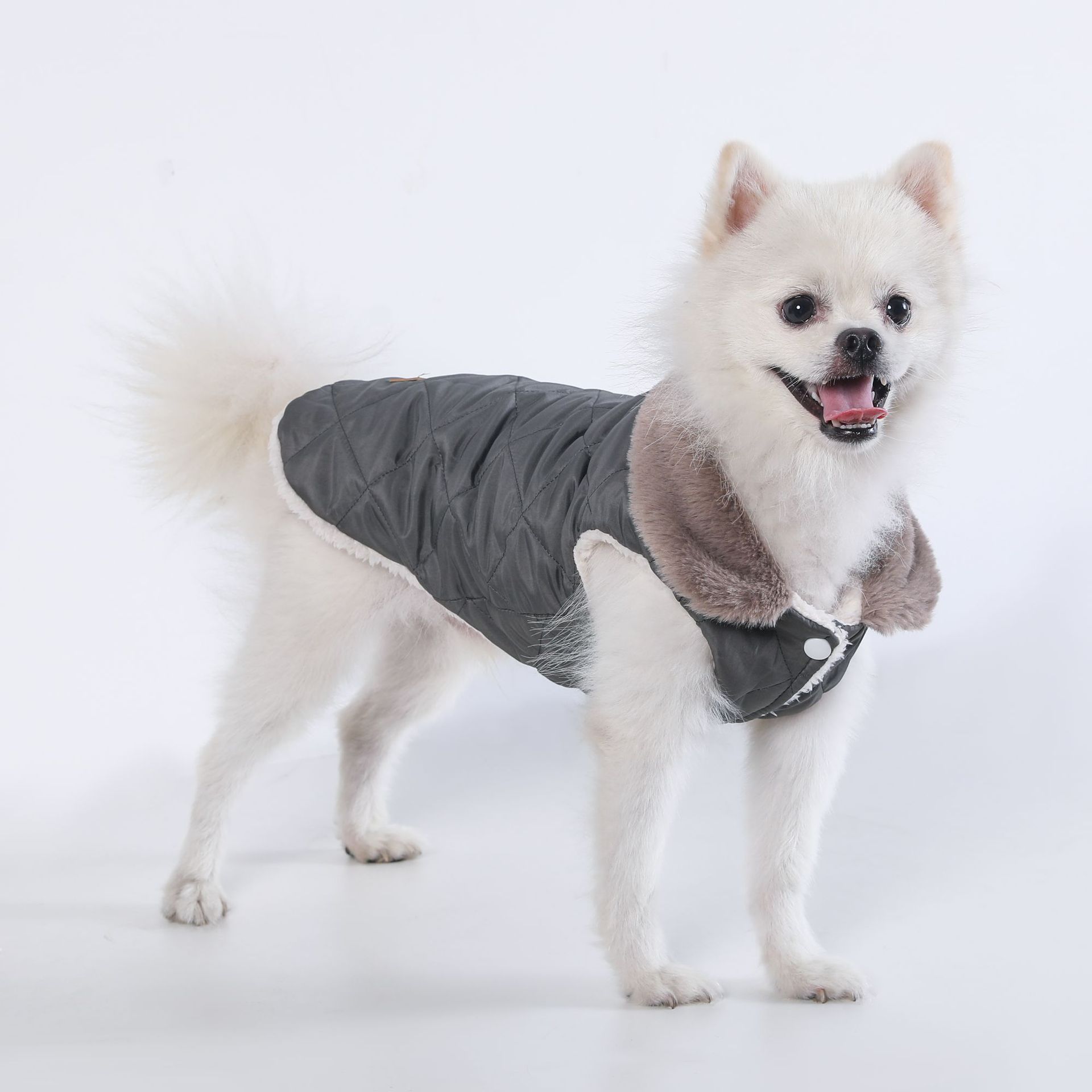 L Size Grey Winter Padded Cotton Dog Thermal Plaid Vest with Faux Fur Collar - Thick Fleece-Lined Warm Pet Jacket - Image 1