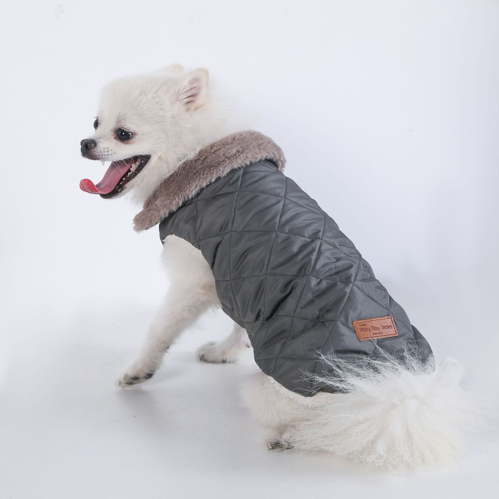 L Size Grey Winter Padded Cotton Dog Thermal Plaid Vest with Faux Fur Collar - Thick Fleece-Lined Warm Pet Jacket - Image 2