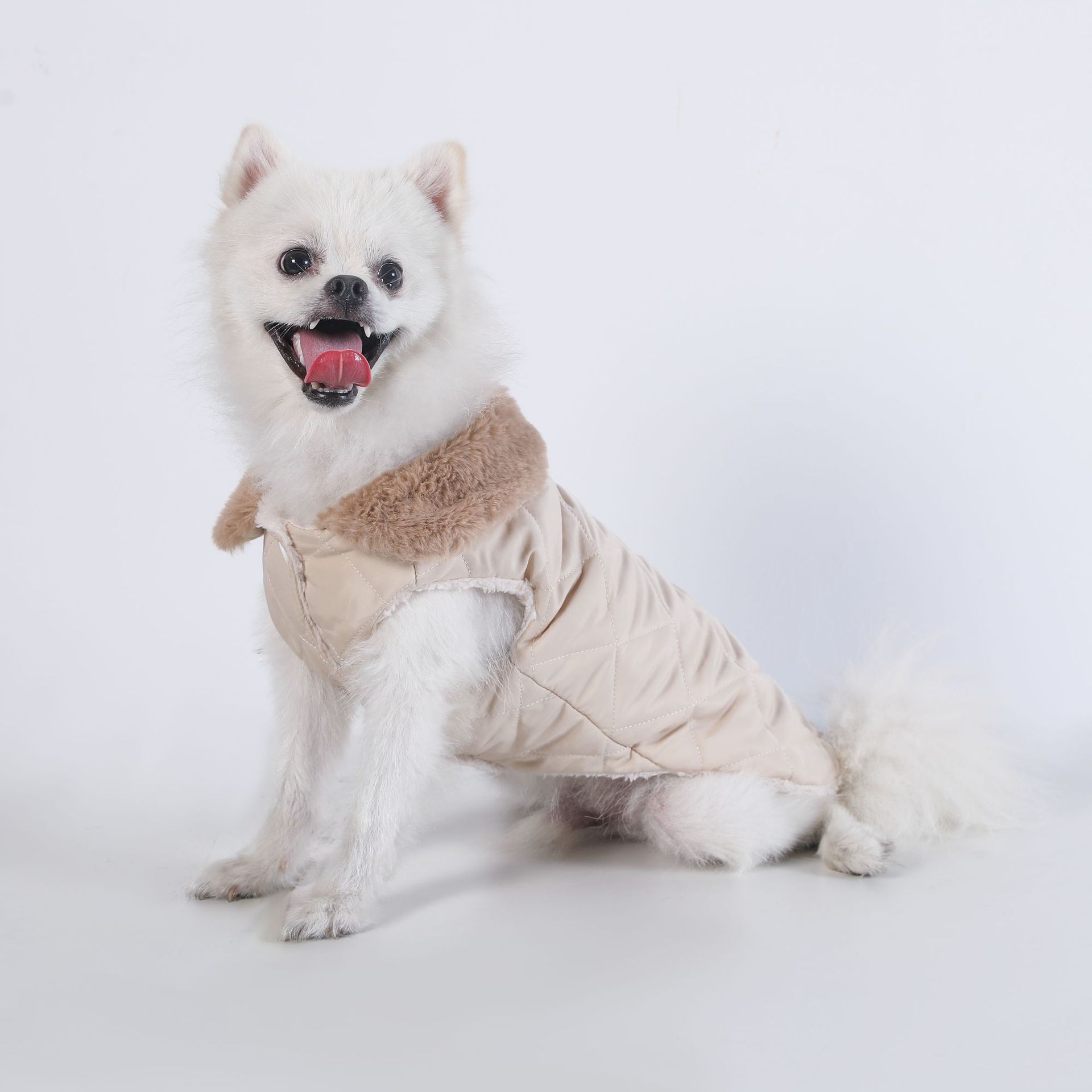 M Size Beige Winter Padded Cotton Dog Thermal Plaid Vest with Faux Fur Collar - Thick Fleece-Lined Warm Pet Jacket - Image 1