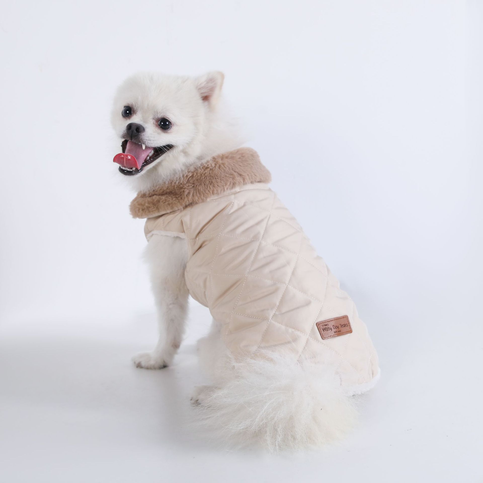 M Size Beige Winter Padded Cotton Dog Thermal Plaid Vest with Faux Fur Collar - Thick Fleece-Lined Warm Pet Jacket - Image 2