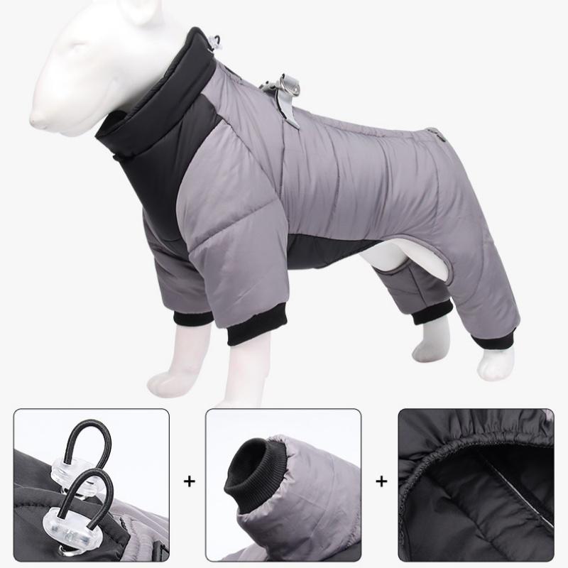 M Size Grey Winter Waterproof Dog 4 Leg Jumpsuit for Full Body Warmth - Reflective Windproof Pet Puffer Coat with Integrated Harness - Image 3