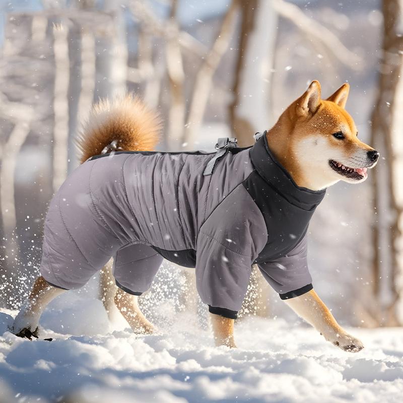 3XL Size Grey Winter Waterproof Dog 4 Leg Jumpsuit for Full Body Warmth - Reflective Windproof Pet Puffer Coat with Integrated Harness - Image 1