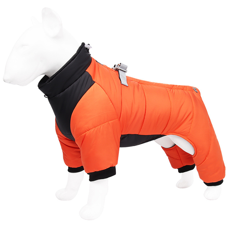 3XL Size Orange Winter Waterproof Dog 4 Leg Jumpsuit for Full Body Warmth - Reflective Windproof Pet Puffer Coat with Integrated Harness - Image 1