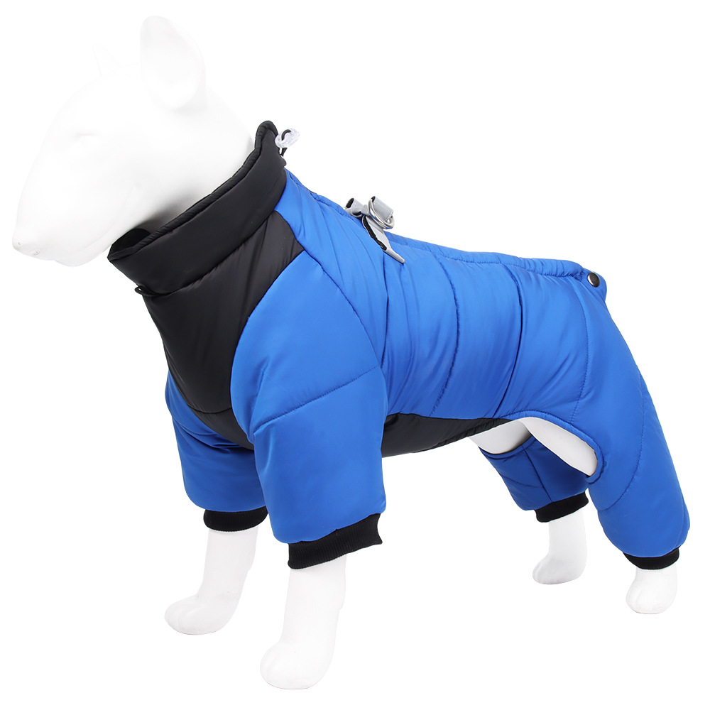 M Size Blue Winter Waterproof Dog 4 Leg Jumpsuit for Full Body Warmth - Reflective Windproof Pet Puffer Coat with Integrated Harness - Image 1