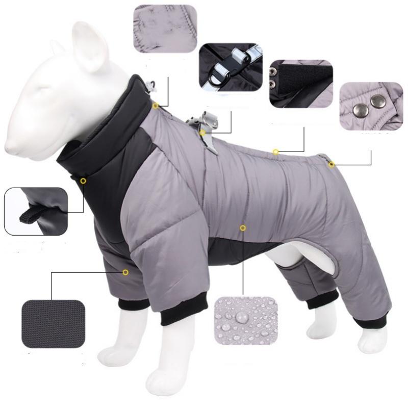 XL Size Blue Winter Waterproof Dog 4 Leg Jumpsuit for Full Body Warmth - Reflective Windproof Pet Puffer Coat with Integrated Harness - Image 2