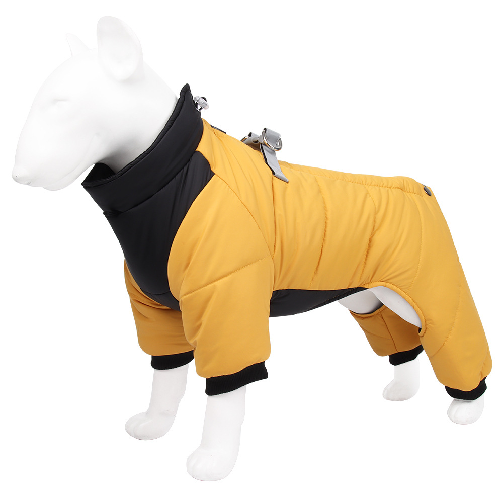 M Size Yellow Winter Waterproof Dog 4 Leg Jumpsuit for Full Body Warmth - Reflective Windproof Pet Puffer Coat with Integrated Harness - Image 1