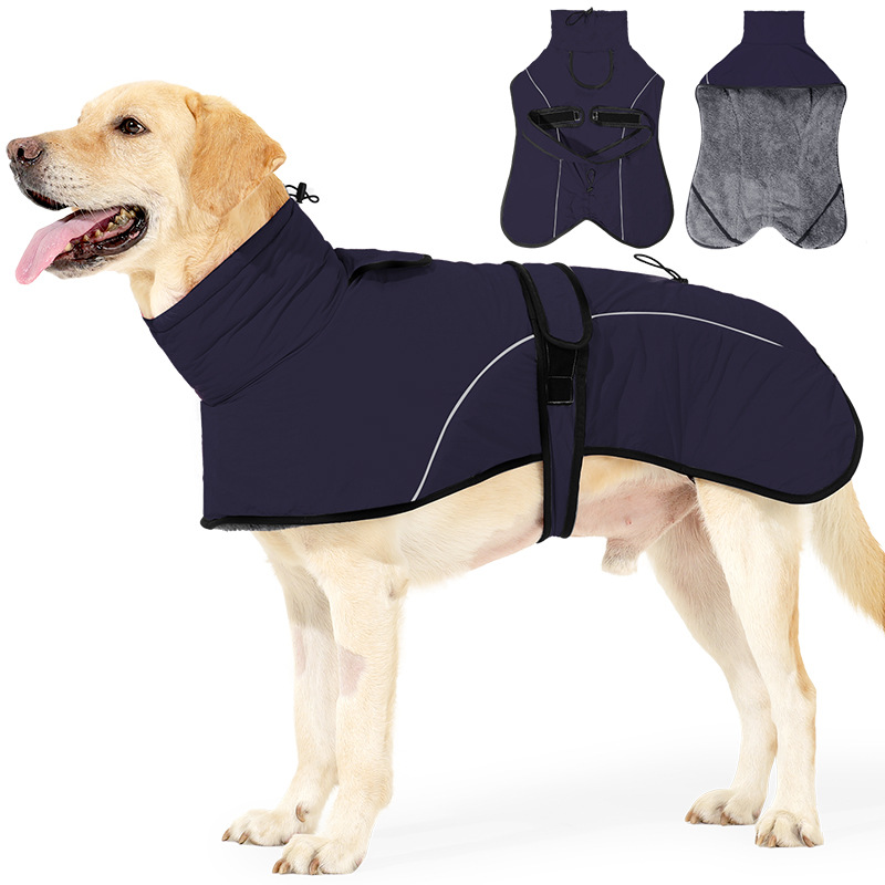 M Size Dark Blue Winter Waterproof Dog Puffer Vest with Adjustable Neckline / Belt and Leash Access - Reflective Long-Pile Fleece Lined Warm Cloak - Image 1