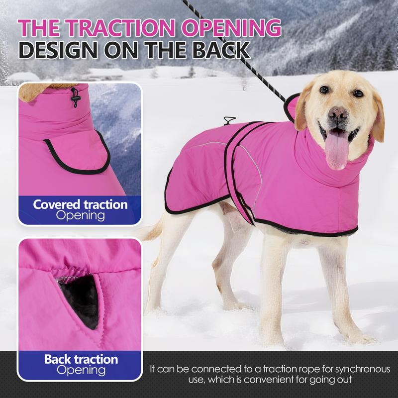 XL Size Dark Blue Winter Waterproof Dog Puffer Vest with Adjustable Neckline / Belt and Leash Access - Reflective Long-Pile Fleece Lined Warm Cloak - Image 4
