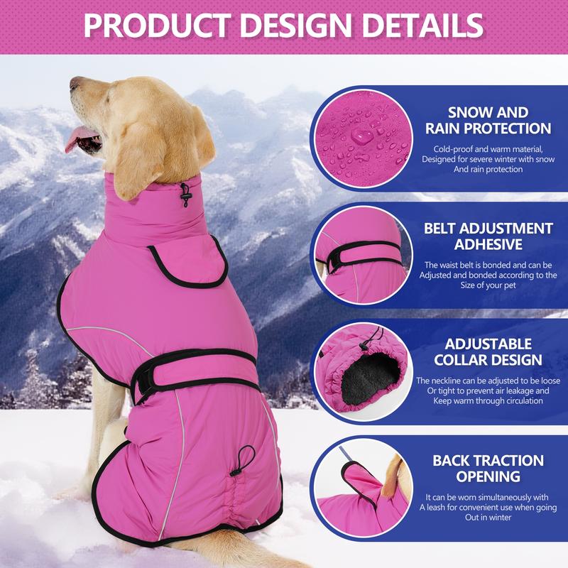 XL Size Rose Red Winter Waterproof Dog Puffer Vest with Adjustable Neckline / Belt and Leash Access - Reflective Long-Pile Fleece Lined Warm Cloak - Image 2