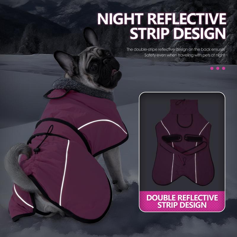 XL Size Rose Red Winter Waterproof Dog Puffer Vest with Adjustable Neckline / Belt and Leash Access - Reflective Long-Pile Fleece Lined Warm Cloak - Image 5