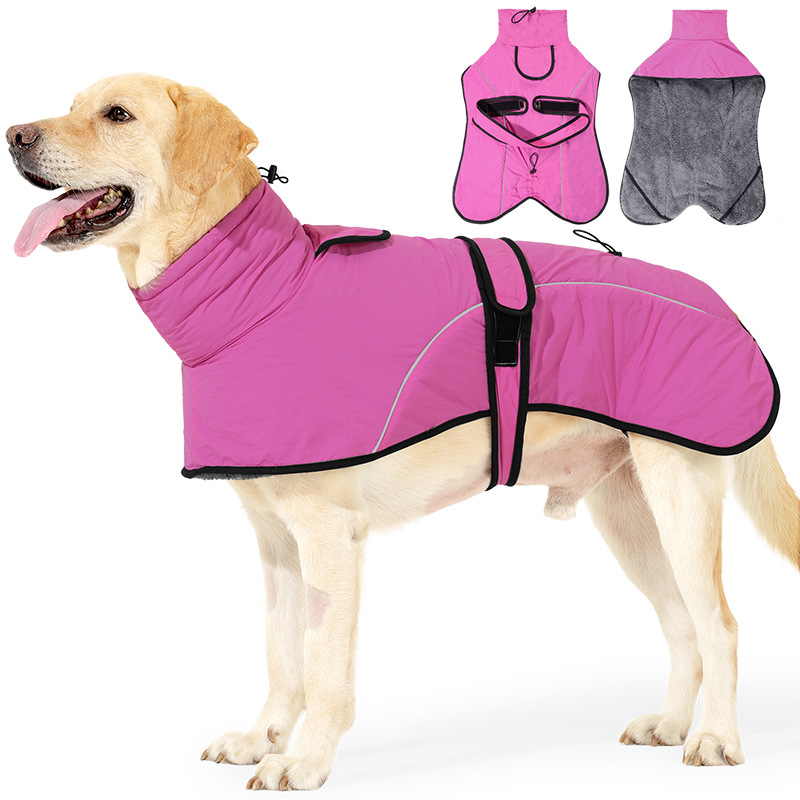 3XL Size Rose Red Winter Waterproof Dog Puffer Vest with Adjustable Neckline / Belt and Leash Access - Reflective Long-Pile Fleece Lined Warm Cloak - Image 1