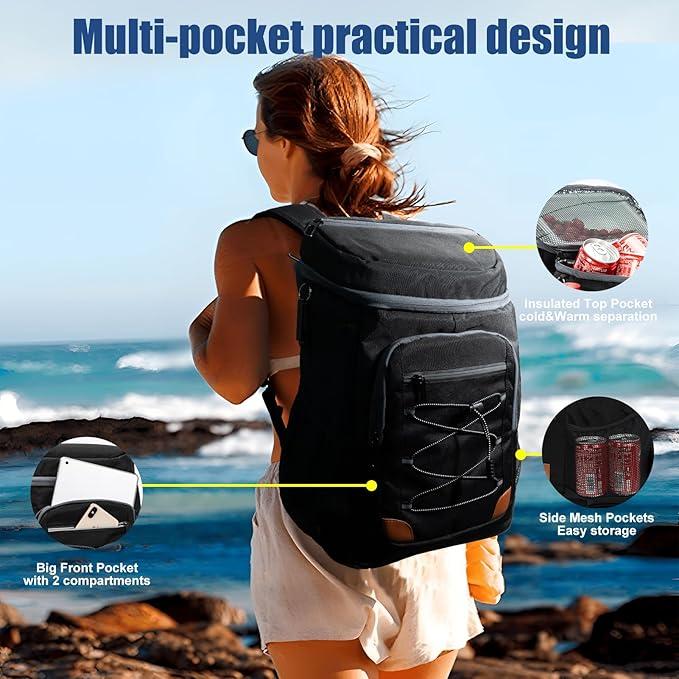Black 5.55 Gallons Large Insulated Picnic Backpack with Multi Pockets & Leak-Proof Interior - Multifunctional Waterproof Thermal Lunch Bag for Camping, Hiking & Outdoor Travel - Image 4