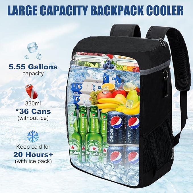 Dark Grey 5.55 Gallons Large Insulated Picnic Backpack with Multi Pockets & Leak-Proof Interior - Multifunctional Waterproof Thermal Lunch Bag for Camping, Hiking & Outdoor Travel - Image 2