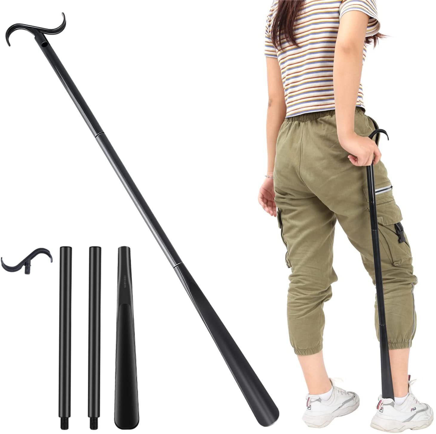 2-Pack Black Portable Dressing Aid Stick & Long-Handled Shoe Horn (3-Section Detachable) - Adjustable 62cm-88cm Dressing Hook for Seniors & Limited Mobility - Image 1