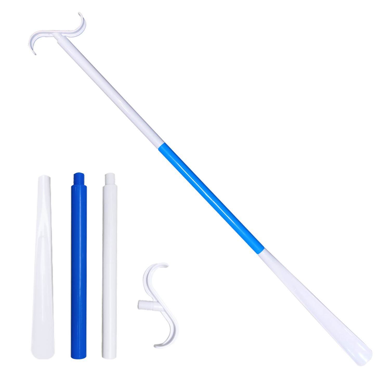 2-Pack White Blue Portable Dressing Aid Stick & Long-Handled Shoe Horn (3-Section Detachable) - Adjustable 62cm-88cm Dressing Hook for Seniors & Limited Mobility - Image 1